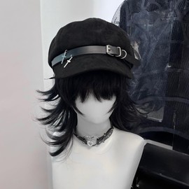 ZYOOFOV Mine Type Newsboy Hat Cap Unisex with Brim Buckle Cross Dark Gothic Style Sick Cute Subculture Street Style Visual Rock UV Cut Sunscreen Face Effect, black (with ears)