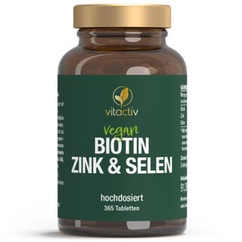 VITACTIV Biotin Zink Selen - Haut Haare Nägel Tabletten, Hochdosiert mit 10000 mcg Biotin pro Tagesverzehr - Herstellung in Deutschland, Laborgeprüft - Vegan, Zuckerfrei - 365 Stück, Jahresvorrat
