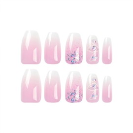 Press on Nails Short Coffin Fake Nails with Glitter Sequins Flower Designs Pink Gradient Full Cover Glossy False Nails Acryilc Stick on Nails for Women 24 Pcs