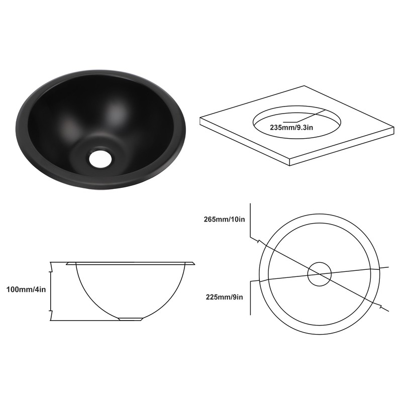 9 X 4in 304 Stainless Steel Sink Round Easy To