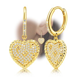 Gold Heart Dangle Hoop Earrings - Sterling Silver Heart Hoop Earrings Hypoallergenic Cubic Zirconia Classic Heart Hoop Earrings with Dangle for Women Gifts for Christmas Valentine's Day Anniversary