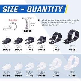 Glarks 132Pcs 6 Sizes 1/4''-1'' Black and White Nylon Screw Mounting R-Type Cable Clip Wire Clamp with 132Pcs Screws for Wire, Cable, Conduit and Cable Conduit Kit