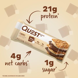 Quest Nutrition S'mores Protein Bar, 21g Protein, 4g Net Carbs, 1g Sugar, Gluten Free, Keto Friendly, 4 Count