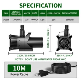 2377 GPH Submersible Water Pump, 130W Pond Pump with Adjustable Water Outlet Water Fountain Pump, Aquarium Water Pump with 18FT Lift Height for Pond, Waterfall Fish Tank Hydroponic Pond Pumps