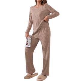 TIANZHU Women's Homewear Set Cozy Comfy Loungewear Pajamas for Women Ribbed Crewneck Casual Leisure Bedwear 2 Piece Set, Coffee, Size 8-10