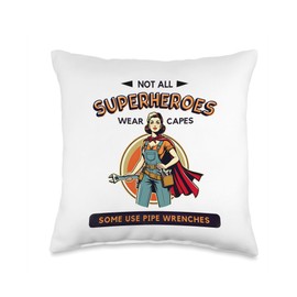 Empowered Female Plumber - Superhero Pipe Wrench Design Throw Pillow
