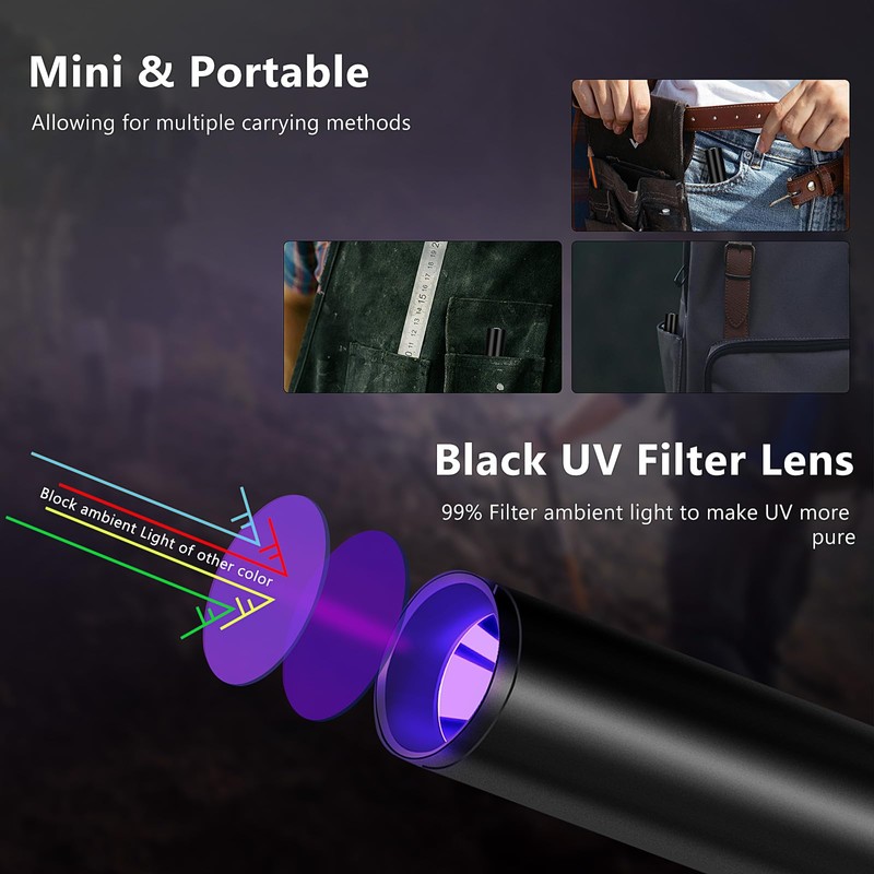 UV Flashlight 365nm & 395nm uv Light, Mini Powerful Rechargeable
