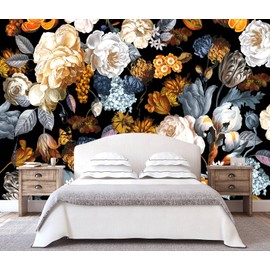 WFBHUA-Black and Gold Floral Wallpaper for Bedroom Vintage Blue Peony Flower Wall Mural (Not Peel and Stick)