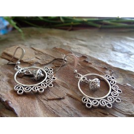 Bali ball spiral silver tunnel gypsy tribal boho earrings. Cute earrings with small, flat Bali ball and small self-made ear hooks