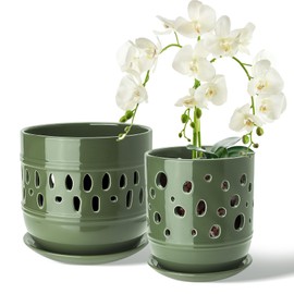 COLOAPT Orchid Pots, 5+6 Inch Orchid Pots with Holes, Ceramic Plant Pot with Drainage and Saucer, Enhance Good Ventilation, Indoor/Outdoor Flower Pots Set of 2 - Green