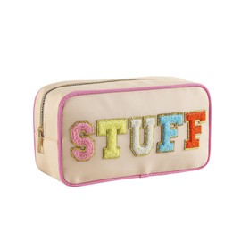 DYSHAYEN Nylon Cosmetic Bag Small Travel Preppy Makeup Pouch Bag for Women Girls with Chenille Letter Patches (STUFF-1)