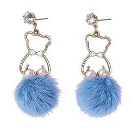Cute Bear Pom Pom Drop Earrings for Women, Sparkly Zircon Stud with Fuzzy Fluffy Ball, Trendy Cartoon Dangle Earrings Cute Jewelry Gifts (Bule)