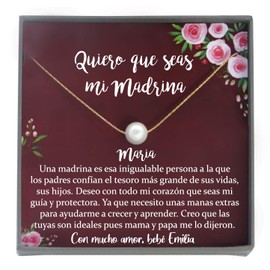 Quiero que Seas mi Madrina Proposal Gifts, 14K Gold Filled or 925 Sterling Silver Floating Pearl Necklace with Meaningful Message