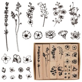 Rebanky 22 Piece Wooden Stamp Set Rubber Stamp Set Natural Motif Wooden Stamps for Crafts Stamps Made of Wood and Rubber Flowers, Decorative Mounted Stamp Plants Stamp for Children DIY Cards Making