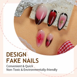 BABALAL Press on Nails Red Ombre Fake Nails Medium Almond Glue on Black French Tip 3D Texture Flower Handmade Design Y2k Goth Charm 24Pcs Fall Glossy Full Cover Acrylic False Nails