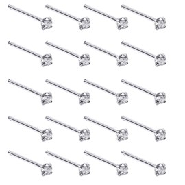 Silver Set of 20 Round Clear Simulated Diamond Nose Stud Box 1.5 mm Straight