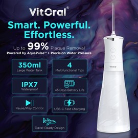 Vitoral Professional Cordless Water Flosser for Teeth & Gum Health | Premium IPX7 Waterproof Oral Irrigator & Plaque Remover | Deep-Clean Dental Jet with 4 Smart Modes, 350ml Home & Travel (White)