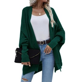 Basicspace Women's Open Front Cardigan Women's Long Waffle Casual Lightweight Loose Bat Long Sleeve Plus Size Knit Cardigan Soft Outerwear, dark green