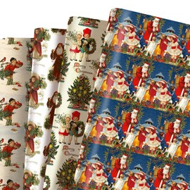 Festive Retro Vintage Rustic Victorian Baubles Merry Christmas Santa Claus Collage Decoupage Wrapping Paper 4 Sheets in 4 Designs 28"x20",Decorative DIY Craft Art Paper for Party Decor Wrapping