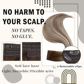 RUNATURE Balayage Hair Extensions Human Hair Clip in Wire Hair Extensions Human Hair Ash Brown to Brown Mix Light Blonde Incisible Wire Hair Extensions One Piece Clip in Extensions 70g