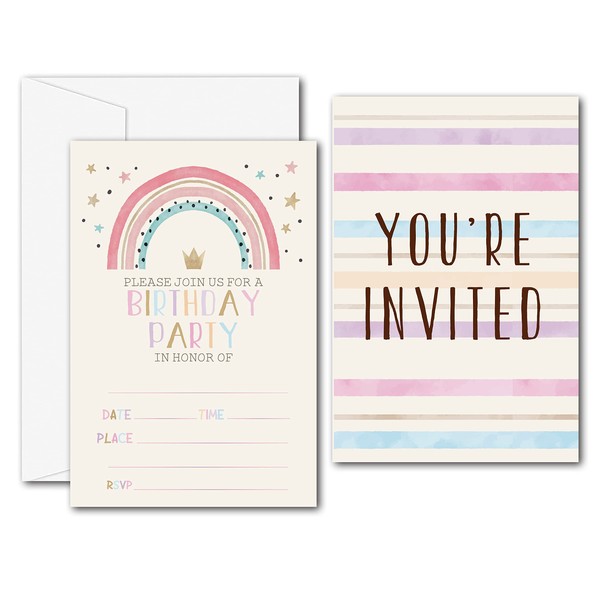 Pink Rainbow Birthday Party Invitations - Boho Rainbow Party Supplies