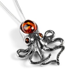 HENRYKA 925 Sterling Silver and Baltic Amber Statement Octopus Necklace | Sea Squid Jewellery | Ocean Sea Gifts