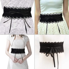 VANANA Wide Lace Waist Belt Leather Waistband Wrap Around Obi Band Cinch Women Stretch Lady Black