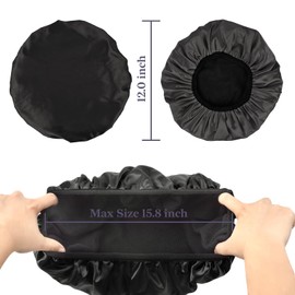 Yonchic Three-Layer Terry Cloth Lined Satin Shower Cap, with Silk Hair Ties, Microfiber Waterproof Reusable Large Size Shower Cap for Women Long Thick Hair (Black)