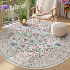 Wonnitar Floral Washable Round Rugs 6ft, Purple Circle Rugs for Bedroom Girls Dorm, Ultra-Thin Non Slip Boho Carpet for Nursery Girls Room Decor Living Room Playroom, Light Purple/Pink