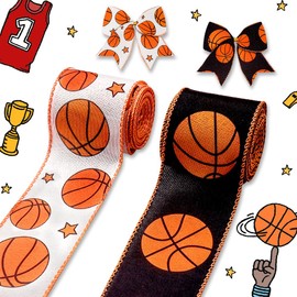 Threetols 2 Rolls 10 Yards Basketball Wired Edge Ribbons, 2.5inch Black White Burlap Ribbons for Cheer Bows Team, Homecoming Mum Sport Ball Ribbon for Sport Team Party DIY Craft Wreath Bow Decor