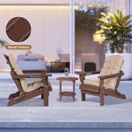 LOENIY Adirondack Chair with Cushion & Cup Holder, HDPE Folding Adirondack Chair with Wood-Like Grain Outdoor Fire Pit Chairs for Patio/Porch/Swimming Pool/Camping (Brown)