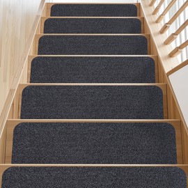 Non-Slip Stair Treads for Wooden Steps Indoor, 15 Pack 9" X 28" Stair Carpet Mats with TPE Backing for Kids Elders and Dogs, 0.3" Thick 100% Polyester Soft Stair Runner Rug, Black