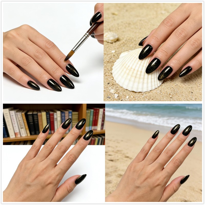 Black Gold Glitter Nail Polish, Quick Dry Shimmer Nail Lacquer