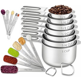 Stainless Steel Measuring Cups and Spoons Set of 18, Includes 7 Measuring Cups, 6 Rectangular Spoons and 5 Tiny Spoons, Metal Kitchen Measuring Set, Engraved Markings for Dry and Liquid Ingredients