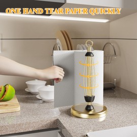 HZE Paper Towel Holder Countertop, One-Handed Tear Black Paper Towel Holder for Bathroom with Ratchet Mechanism, Stainless Steel Paper Towel Stand Holder with Ring and Weighted Base(Gold)