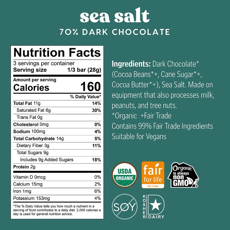 Theo Chocolate Sea Salt Organic Dark Chocolate Bar, 70% Cacao,