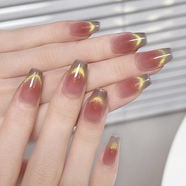 Pure Handmade Nails Press on Nail Reusable Fake Nails Golden&Green CatEyes Bling Bling Medium Stick on Nails French Tip False Nails 10pcs (L, Q319 NAILS)