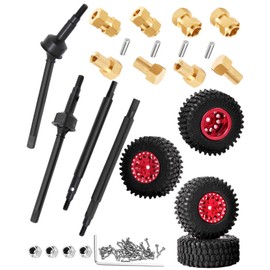 hopsupRC Upgrade Parts for 1/18 TRX4M,#45 Steel Front & Rear Axle Drive Shaft CVD,Rc Wheels Tires Hex Detachable,10mm Hex hub Extended Wheel Hex,Red with Black