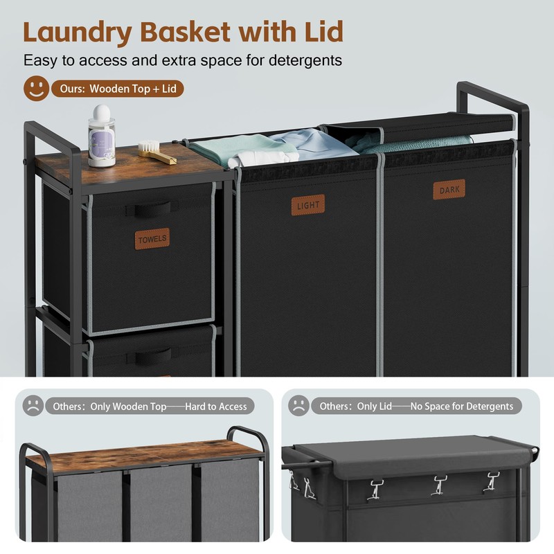 Hoctieon 4 Section Laundry Cart, 52.8 Gal. (200L) Laundry Hamper