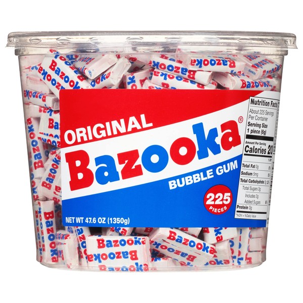 Bazooka Bubble Gum Individually Wrapped Pink Chewing Gum in Original Flavor - 225 Count Bulk Bubble Gum Tub - Fun Old Fashioned Candy for Kids