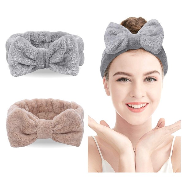 Spa Headband – 2 Pack Bow Hair Band Women Facial Makeup Head Band Soft Coral Fleece Head Wraps For Shower Washing Face (Coffee+gray)