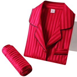 Satin Silk Pajamas for Women Pajama Set With Long Sleeve Button-Down Satin Pajamas Sleepwear Red Stripe S