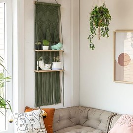 Hanging Shelf Macrame Wall Hanging Green Boho Shelfs with Tassels 2 Tier Floating for Plants Bedroom Dorm Living Room Wall Decor Rustic Wooden Organizer(Wood)