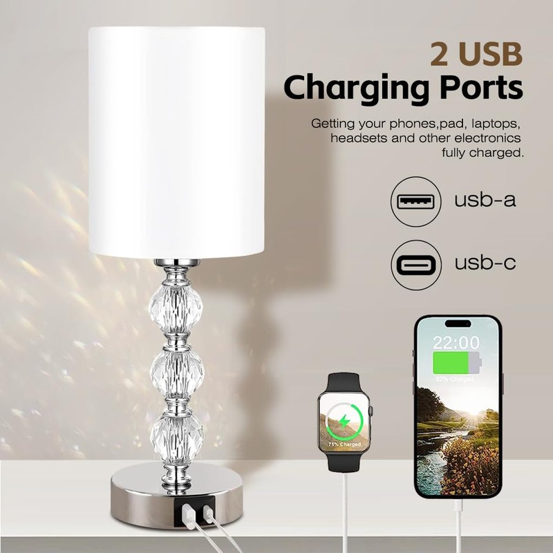 Clora Touch Bedside Crystal Lamp for Bedrooms Nightstand with USB