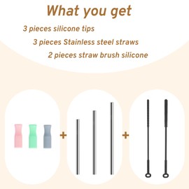 WQSS AOEIU Reusable Silicone Straw Brush Set,Straw Cleaner,Pipe Cleaners,Extra Long Straw Cleaner Brush for Cleaning,3 Metal Straws,3 Silicone Tips,2 Straw Brushes