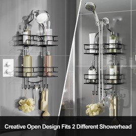 SRIWATANA Shower Caddy Hanging Over Head, Bathroom Shower Organizer Shower Rack Holder with Hooks for Razors - Black