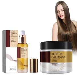 Grgowe Argan Oil Hair Essence + Collagen Hair Mask, Deep Repair Conditioning Argan Oil Collagen, Moroccan Argan Oil for Hair, Collagen Hair Mask Essence, for Curly or Straight, Thin, Fine Hair