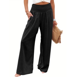 ANRABESS Women Linen Palazzo Pants Summer Boho Wide Leg High Waist Casual Lounge Pant 2024 Beach Travel Vacation Outfits Black Medium