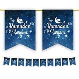 Ramadan Mubarak Kareem Bunting Party Flags - Ramadhan Decorations Banner Partyware Kids (Blue Space Galaxy) 10 Flags