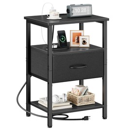 Vagusicc Night Stand, Nightstand with Charging Station, Bed Side Table with Drawer, 3-Tier End Table with Storage Shelf for Living Room, Tall Bedside Table, Black Small Night Stand for Bedroom, Black